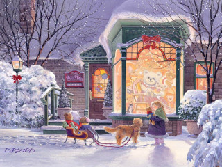 Woman dog store snow christmas - edward lamson henry free wallpaper