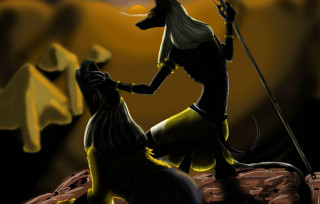 Woman dog rocky sky fantasy - free valentines wallpaper for desktop