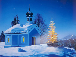 Church snow christmas tree blue 4 - star and a moon free wallpaper