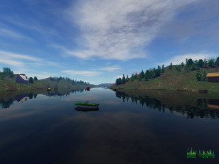 Boat lake mountains trees cloudy - 8k photorealistic free wallpaper