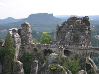 Stone bridge river mountains trees - mountain and trees free wallpaper