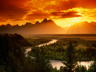 Sunset river mountains red sky 2 - the middle of the forest free wallpaper