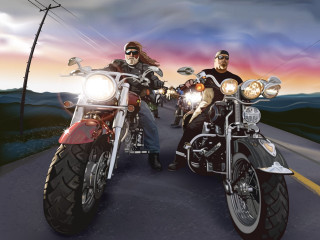 Men motorcycles forest sunset cloudy - digital painting free wallpaper for desktop