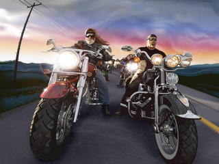 Men motorcycles road forest sunset - a forest free wallpaper