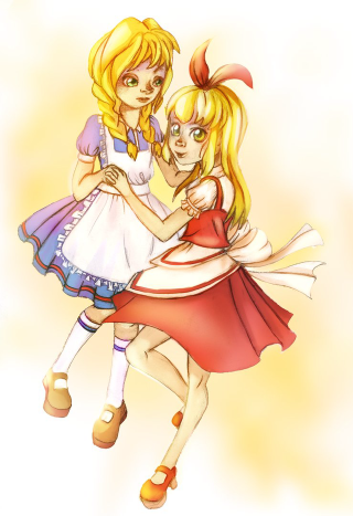 Girls hugging dresses bows heads - their head free wallpaper for mobile