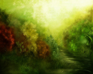 Forest path tree lined leaves - a painting of a forest free wallpaper