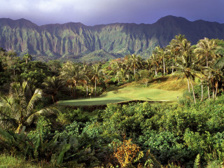 Golf course palm trees mountains 4 - a cloudy sky above free wallpaper