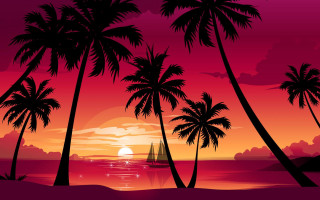 Sunset palm trees sailboat water 3 - a sunset free wallpaper for desktop