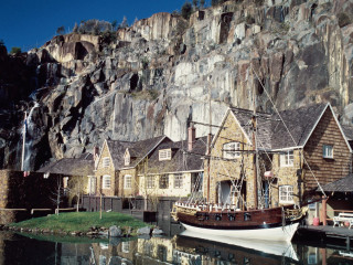 Boat docked mountain village rock 2 - albert namatjira free wallpaper