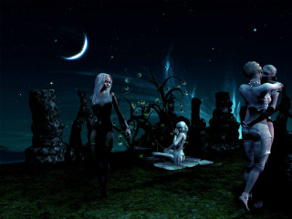 Women fantasy setting dog crescent - a moon in the sky free wallpaper