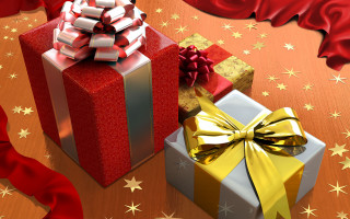 Wrapped presents table red gold 2 - free christmas wallpaper for desktop