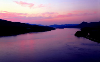 River boat sunset mountains pink - christo free wallpaper