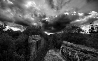 Train track clouds trees fence - digital photography free wallpaper