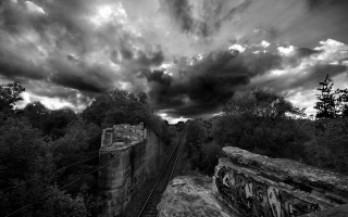 Train track clouds trees fence 3 - digital photography free wallpaper