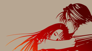 Woman holding man red background - chen yifei free wallpaper