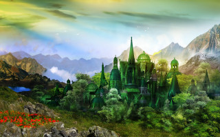 Castle mountain red flower painting - matte fantasy painting free wallpaper for desktop