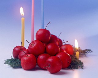 Cherries candles table blue background - anne geddes free wallpaper for desktop