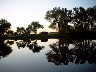 Pond trees house sunset dawn - a pond free wallpaper