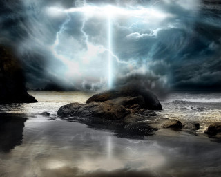 Cross water sky rock foreground - volumetric lightning free wallpaper