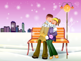 Man woman bench snow city 4 - a man and a woman free wallpaper