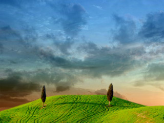 Green hill trees cloudy sky 2 - a green hill free wallpaper