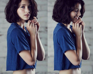Woman blue shirt posing hands - short hair free wallpaper for desktop