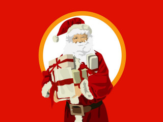 Santa holding present red background - a yellow circle free wallpaper