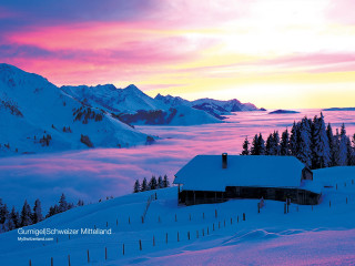 Snowy mountain house pink sky 2 - a house in the foreground free wallpaper