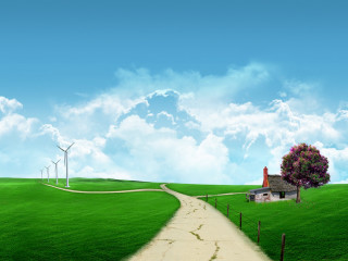 House windmills greenfield dirtpath sky - a dirt path free wallpaper