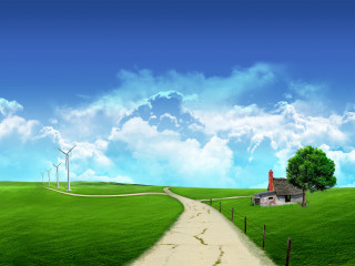 House hill path wind turbine 2 - matte painting free wallpaper for desktop