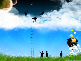Group people ladder cloudy sky 2 - diego gisbert llorens free wallpaper