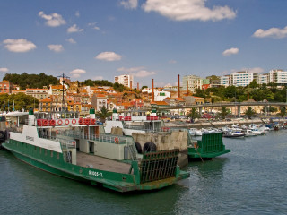 Ferry boat docked harbor city 2 - panoramic view free wallpaper