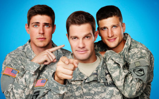 Military men pointing camera blue - a blue background behind them free wallpaper