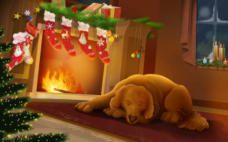 Dog sleeping fireplace christmas tree - storybook illustration free wallpaper