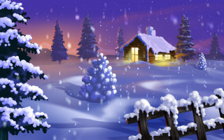 Snowy cabin fence night sky 2 - star free wallpaper for desktop