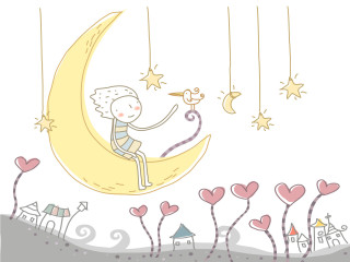 Boy sitting crescent moon stars - a drawing of a boy free wallpaper for desktop