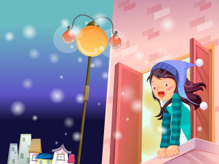 Girl window streetlight bokeh lamp - storybook illustration free wallpaper