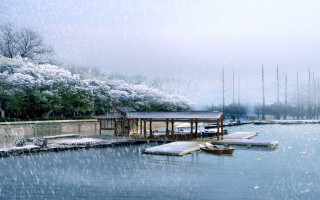 Boat dock snow falling water - matte painting concept art free wallpaper