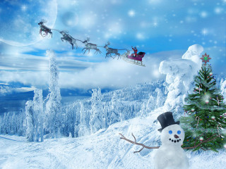 Snowman hat sleigh flying snowy - a snowman free wallpaper