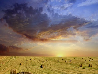 Hay bales sunset clouds field - landscape free wallpaper for desktop