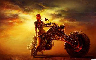 Woman motorcycle surreal painting sky - bastien lecouffedeharme free wallpaper for desktop