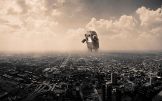 Large elephant flying city cloudy 3 - surreal photography free wallpaper