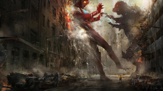 Woman red suit giant monster - a city street next free wallpaper