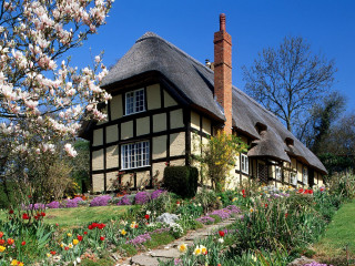 Thatched roof house flowers path 3 - roof free wallpaper