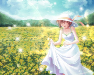 Woman white dress hat field - impressionism free wallpaper