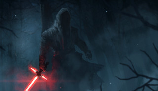Hooded person lightsaber dark forest - bastien l. deharme free wallpaper