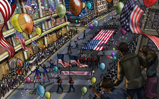Parade balloons people walking street - graphic novel free wallpaper
