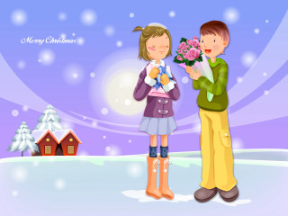 Boy giving girl bouquet snow 4 - a boy free wallpaper