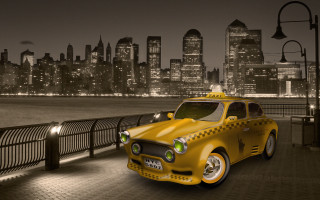 Taxi bridge water city skyline 3 - matte drawing free wallpaper for desktop