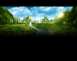 Green landscape river clouds bridge - a bridge in the distance free wallpaper for desktop